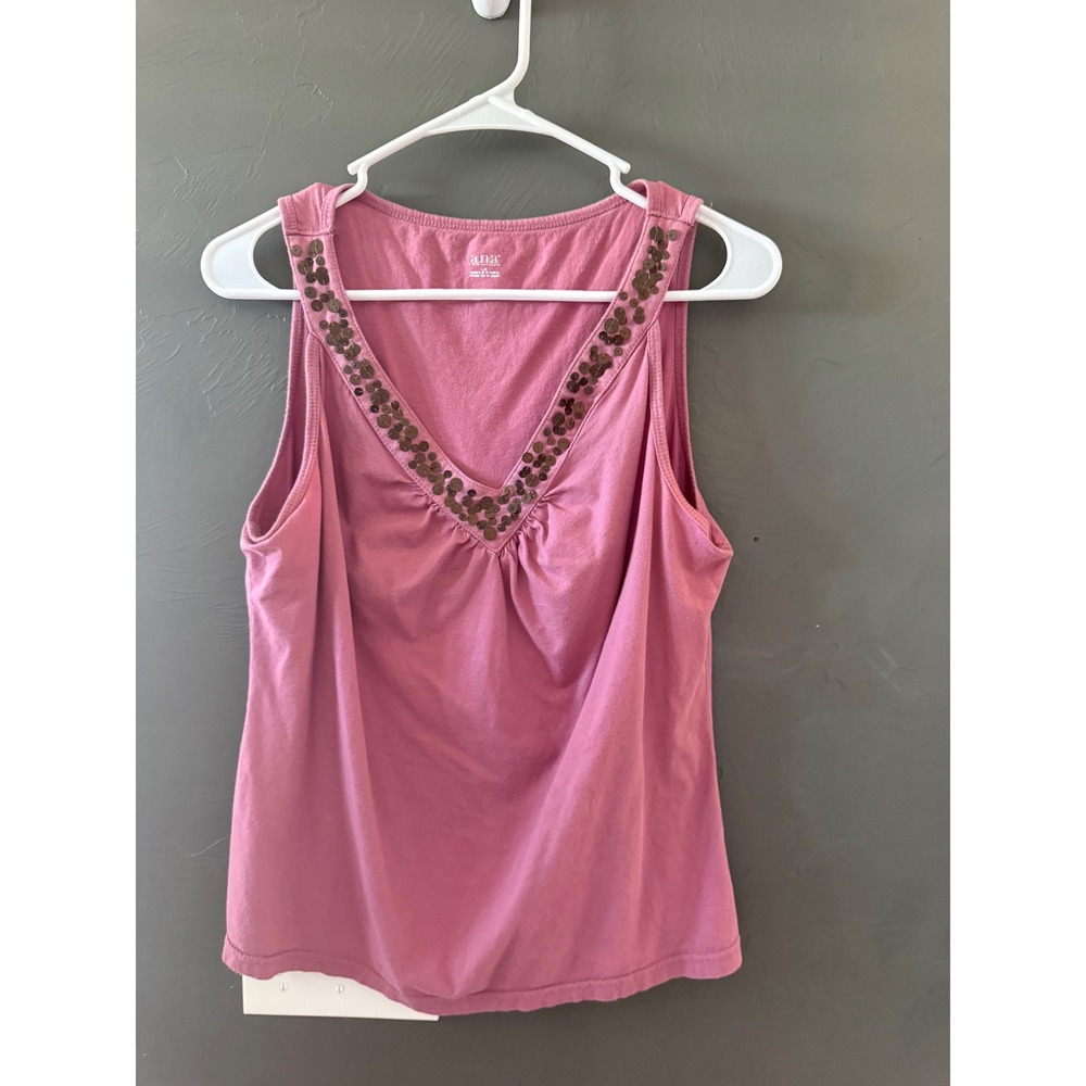 ana 2010s Pink Sequin V-Neck Cotton Tank Top Sleeveless‎ Shirt Large
